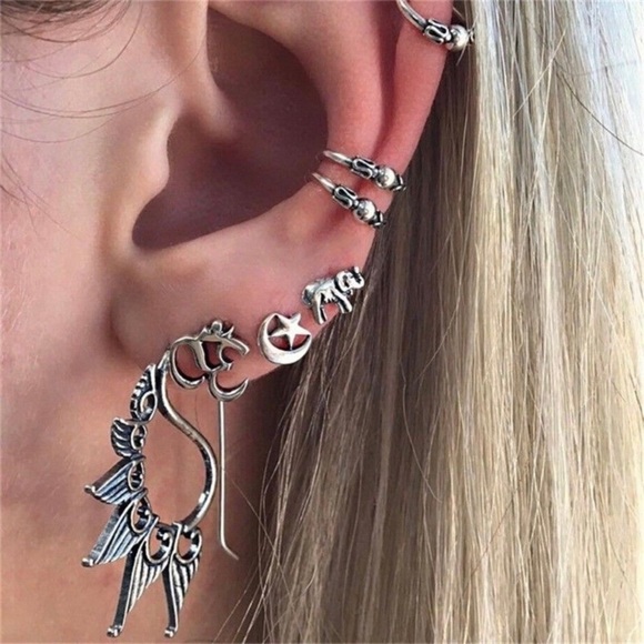 ๐ 14PC CELTIC EARRINGS BOHEMIAN TRIBAL BOHO CHIC MOON BEAD SILVER HOOPS GYPSY - Picture 9 of 10